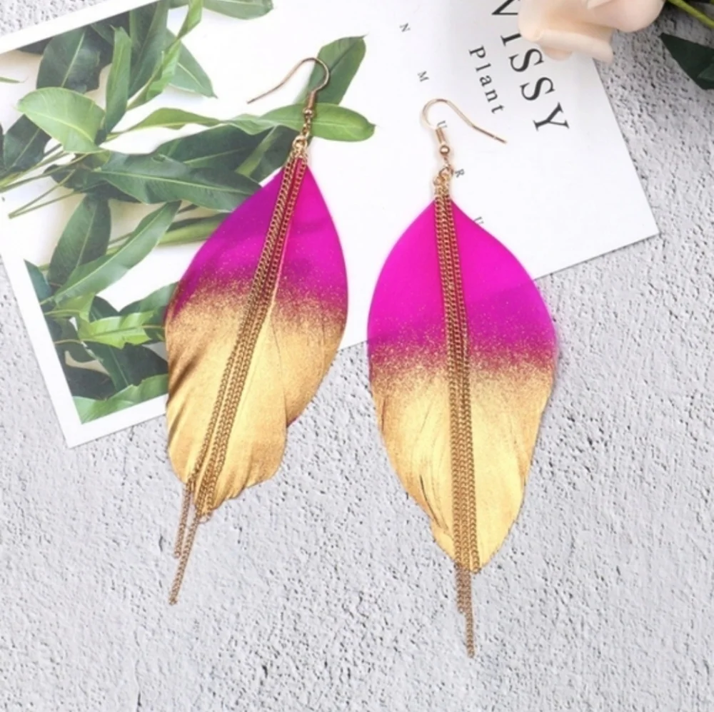 Exotic Feather Dipped in Gold Long Earrings - Picture 2 of 4